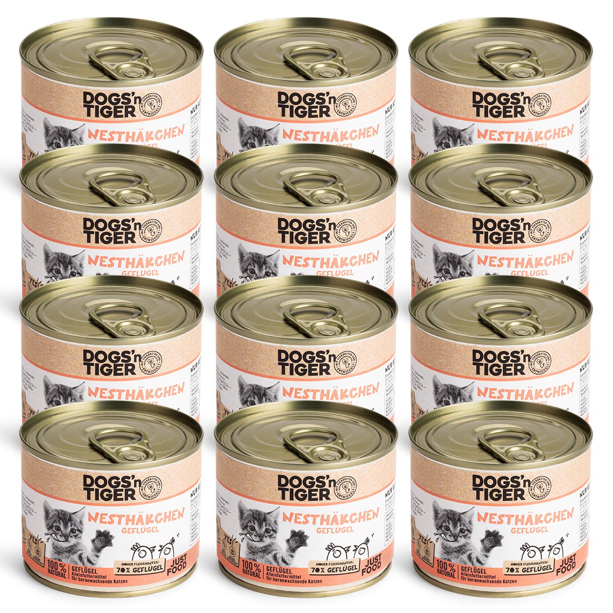 Dogs’n Tiger Junior, Kitten Premium Katzenfutter, Nassfutter, Getreidefrei, Nesthäkchen, Geflügel, Algenkalk & Löwenzahn