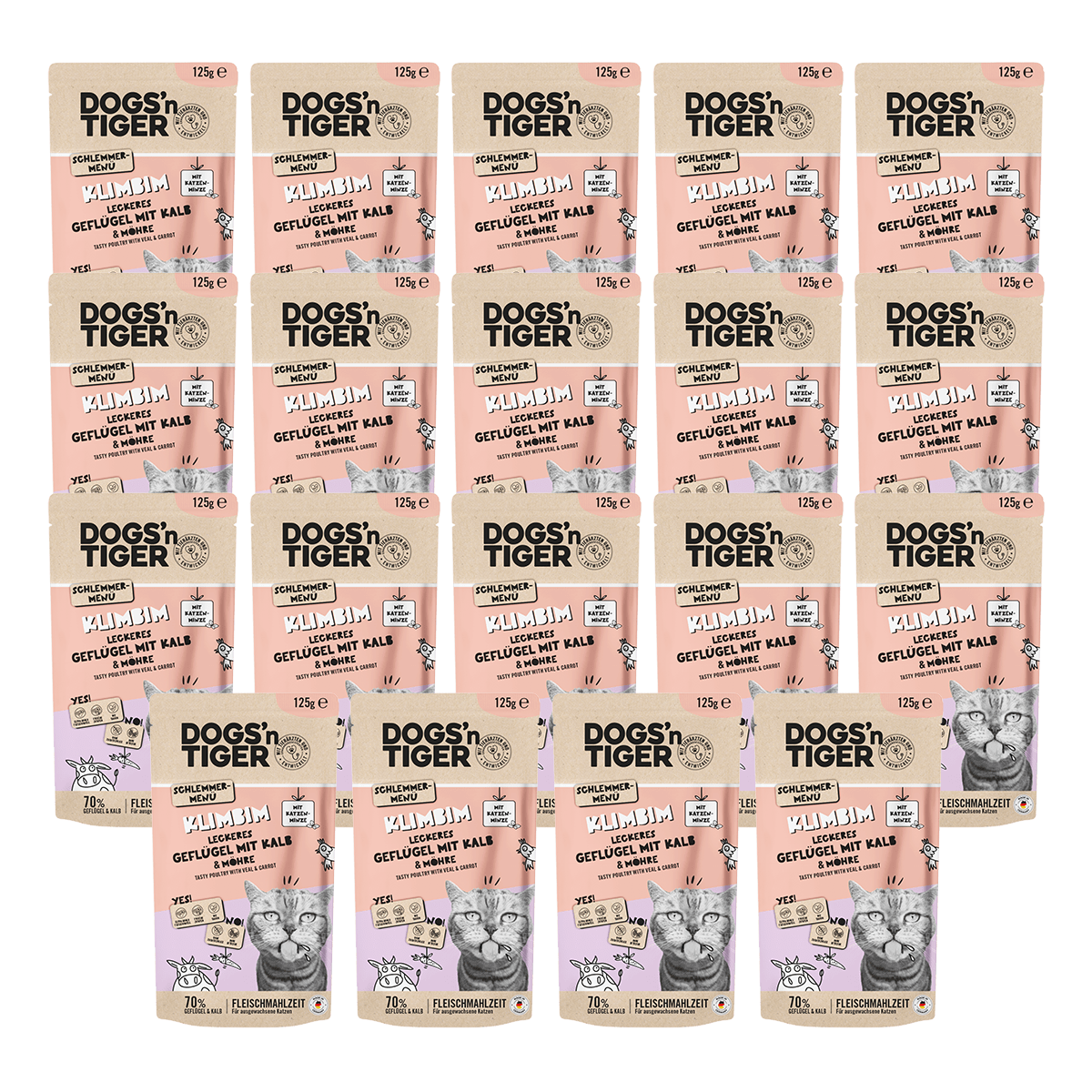 Dogs’n Tiger Adult Katzenfutter, Klimbim, Nassfutter für Katzen, Getreidefrei, Geflügel, Kalb mit Karotte