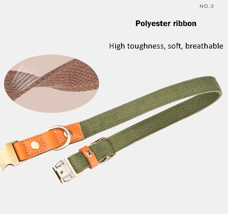 Hundehalsband "Valdo" mit Gravur – robustes PE-Gewebe & Leder – Messing matt – Marineblau, Hellblau oder Grün (S–L)