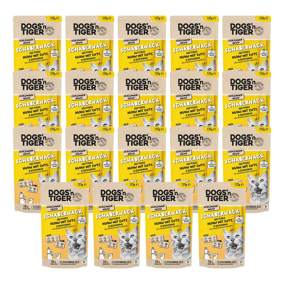 Dogs’n Tiger Adult Katzenfutter, Schabernack, Nassfutter, Getreidefrei, Huhn, Ente & Zucchini