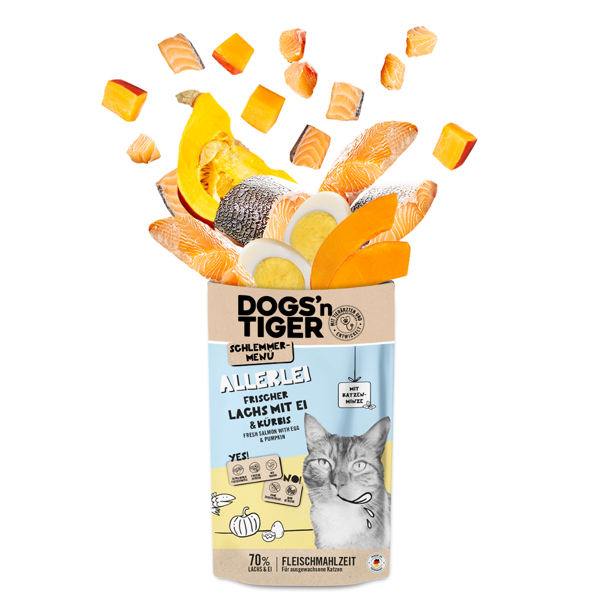 Dogs’n Tiger Adult Katzenfutter, Allerlei, Nassfutter für Katzen, Getreidefrei, Lachs mit Ei & Kürbis