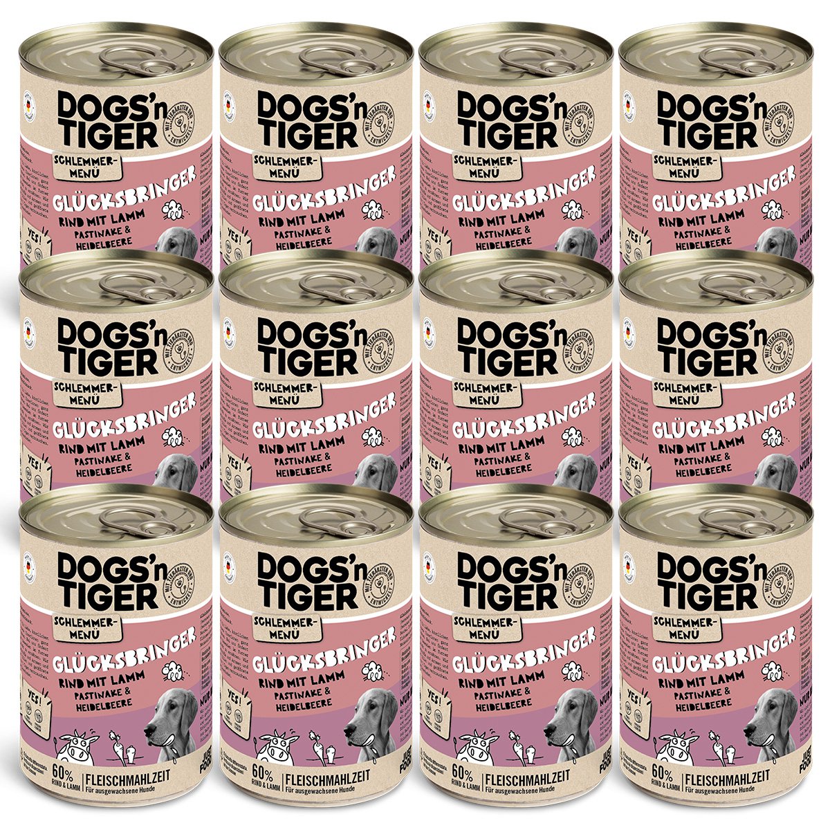 Dogs’n Tiger Adult Hundefutter, Glücksbringer, Nassfutter, Getreidefrei, Rind, Lamm, Pastinake & Heidelbeeren