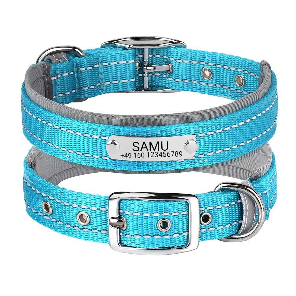 Graviertes Hundehalsband "Samu" mit Reflektor-Sicherheitsnähten. Personalisierung mit Name und Telefon