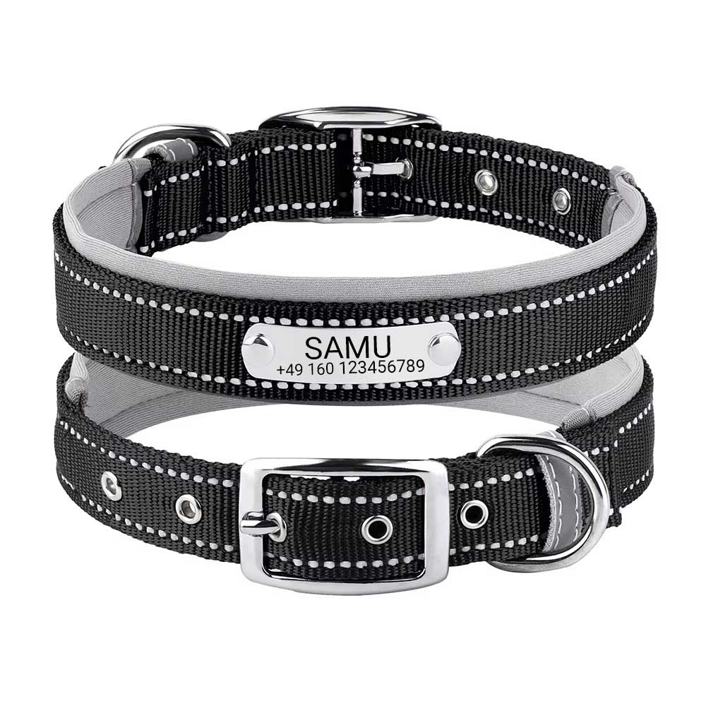 Graviertes Hundehalsband "Samu" mit Reflektor-Sicherheitsnähten. Personalisierung mit Name und Telefon