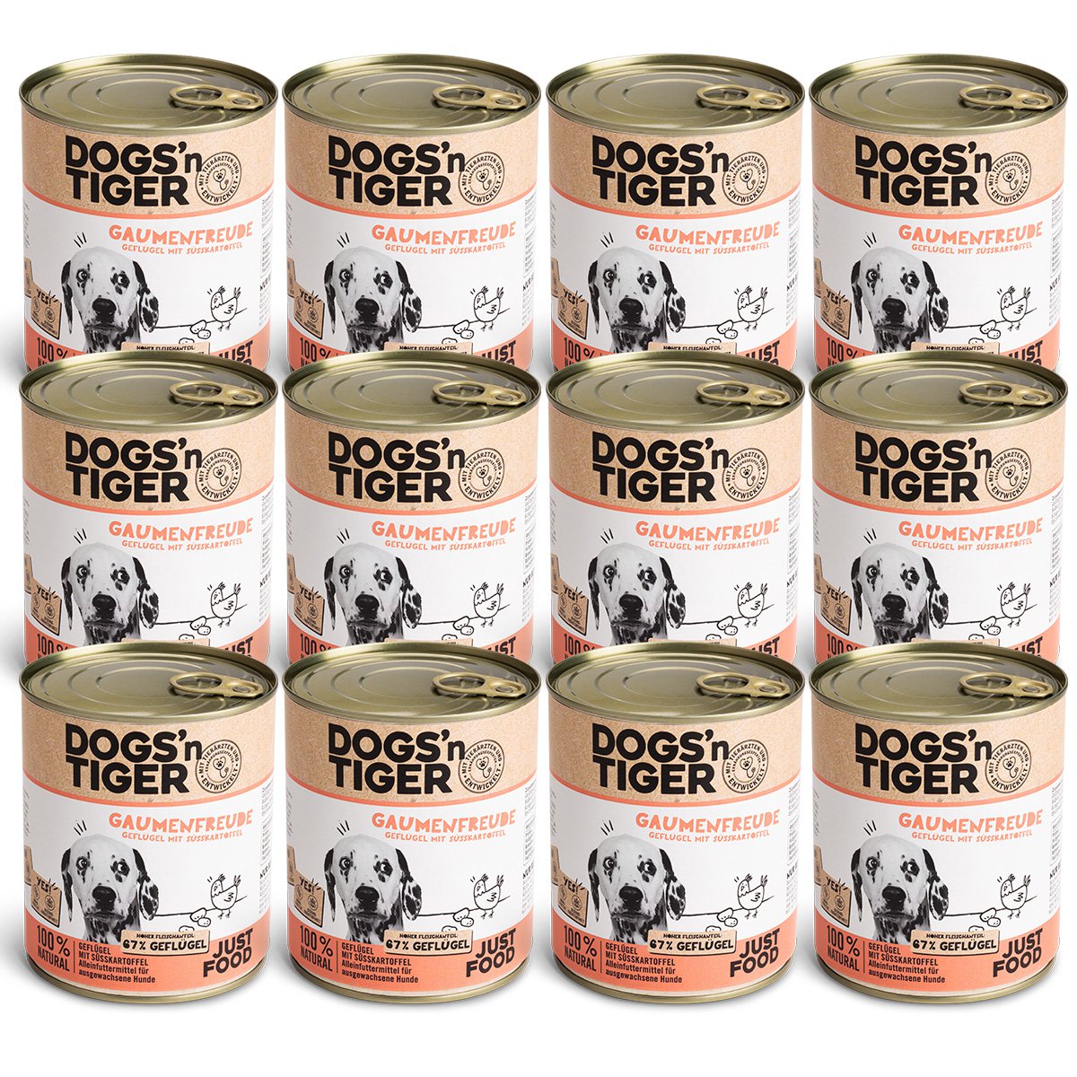 Dogs’n Tiger Adult Premium Hundefutter, Nassfutter, Getreidefrei, Gaumenfreude, Geflügel & Süßkartoffel