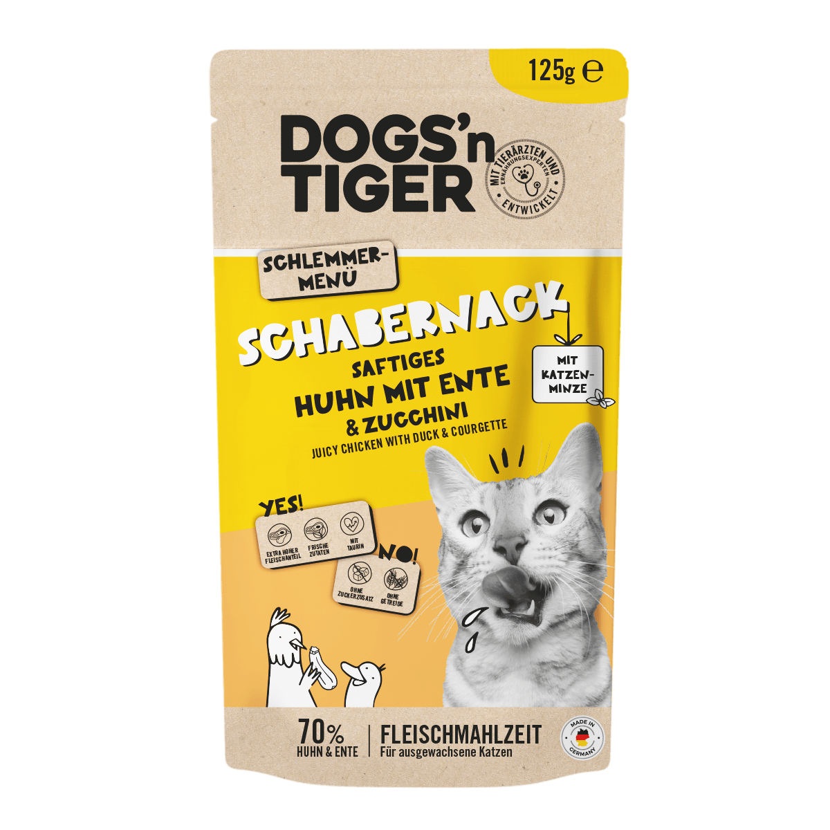 Dogs’n Tiger Adult Katzenfutter, Schabernack, Nassfutter, Getreidefrei, Huhn, Ente & Zucchini