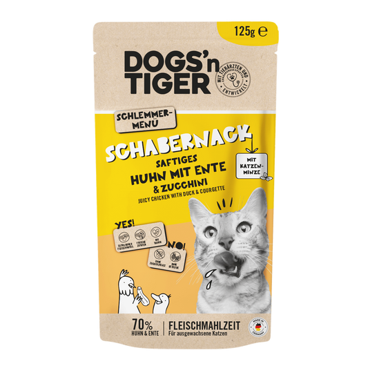 Dogs’n Tiger Adult Katzenfutter, Schabernack, Nassfutter, Getreidefrei, Huhn, Ente & Zucchini