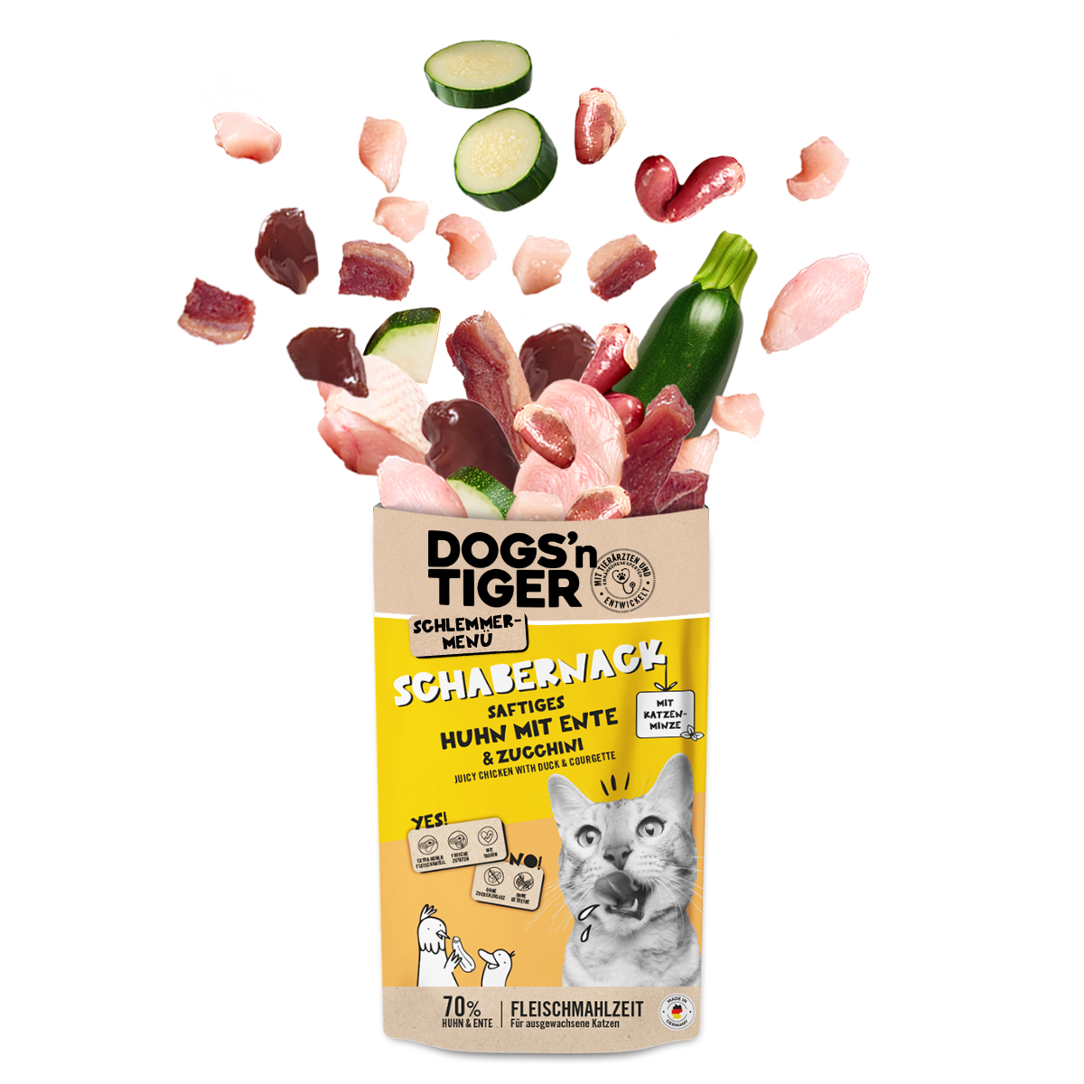 Dogs’n Tiger Adult Katzenfutter, Schabernack, Nassfutter, Getreidefrei, Huhn, Ente & Zucchini