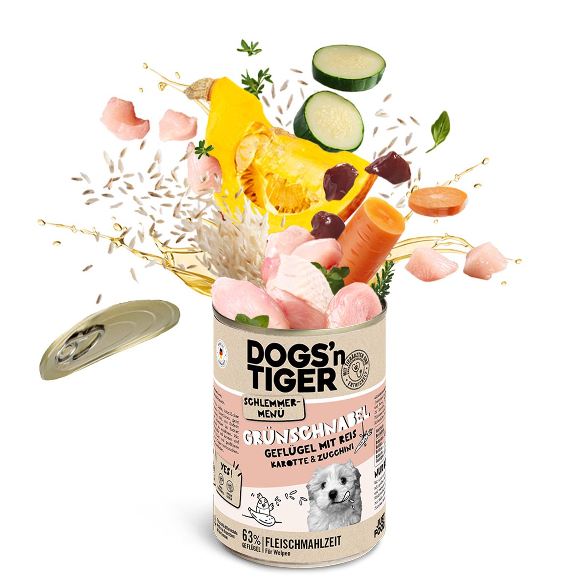 Dogs’n Tiger Junior, Hundefutter, Grünschnabel, Hunde Nassfutter, Welpen Futter, Geflügel, Getreidefrei, Naturreis, Karotte & Zucchini