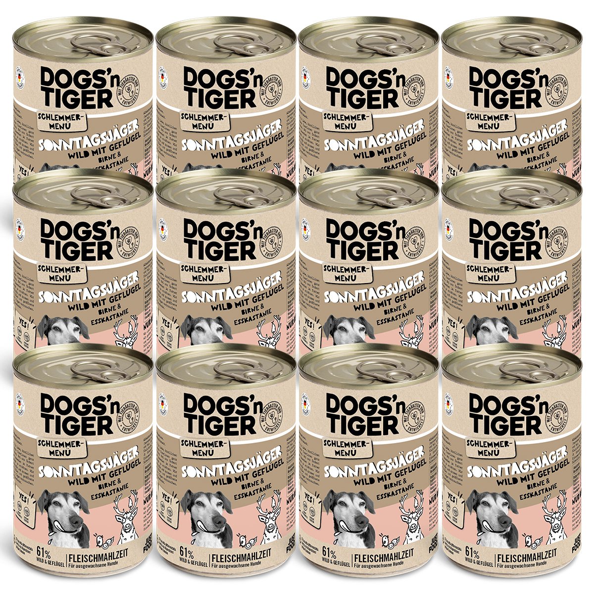 Dogs’n Tiger Adult Hundefutter, Sonntagsjäger, Hunde Nassfutter, Wild, Geflügel, Birne, Hirse & Karotte