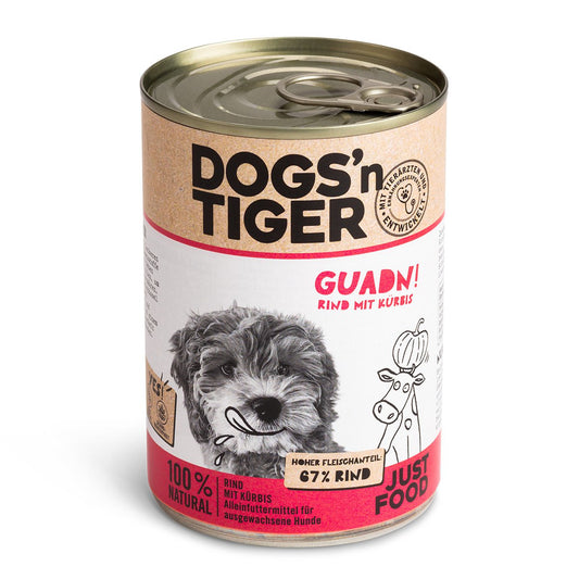 Dogs’n Tiger Adult Premium Hundefutter, Nassfutter, Getreidefrei, Guadn, Rind & Kürbis