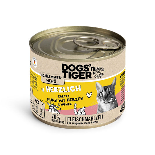 Dogs’n Tiger Adult, Katzenfutter, Herzlich, Katzen Nassfutter, Getreidefrei, Huhn, Rinderherzen & Karotte