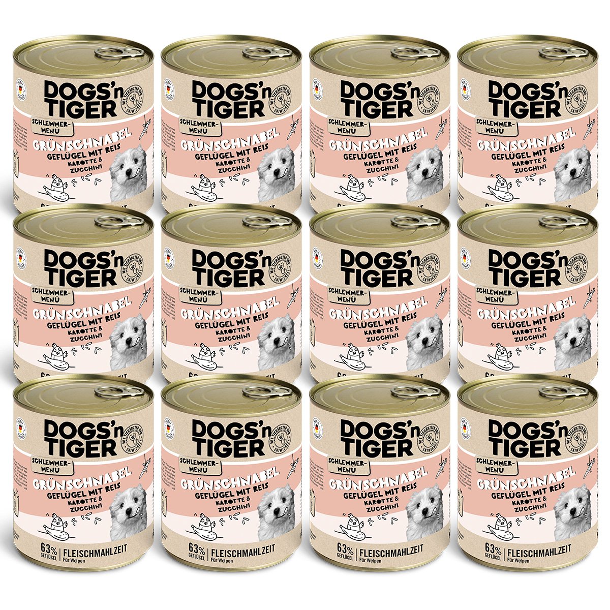 Dogs’n Tiger Junior, Hundefutter, Grünschnabel, Hunde Nassfutter, Welpen Futter, Geflügel, Getreidefrei, Naturreis, Karotte & Zucchini