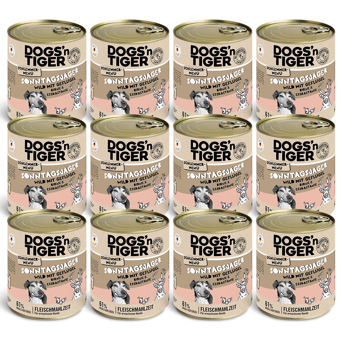 Dogs’n Tiger Adult Hundefutter, Sonntagsjäger, Hunde Nassfutter, Wild, Geflügel, Birne, Hirse & Karotte