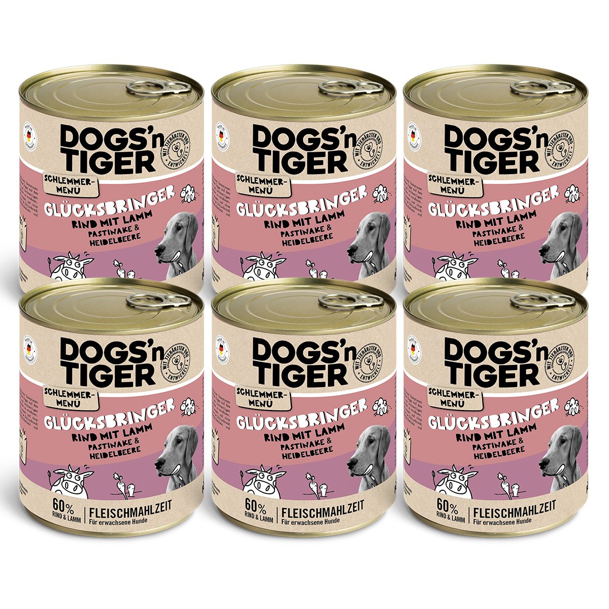 Dogs’n Tiger Adult Hundefutter, Glücksbringer, Nassfutter, Getreidefrei, Rind, Lamm, Pastinake & Heidelbeeren