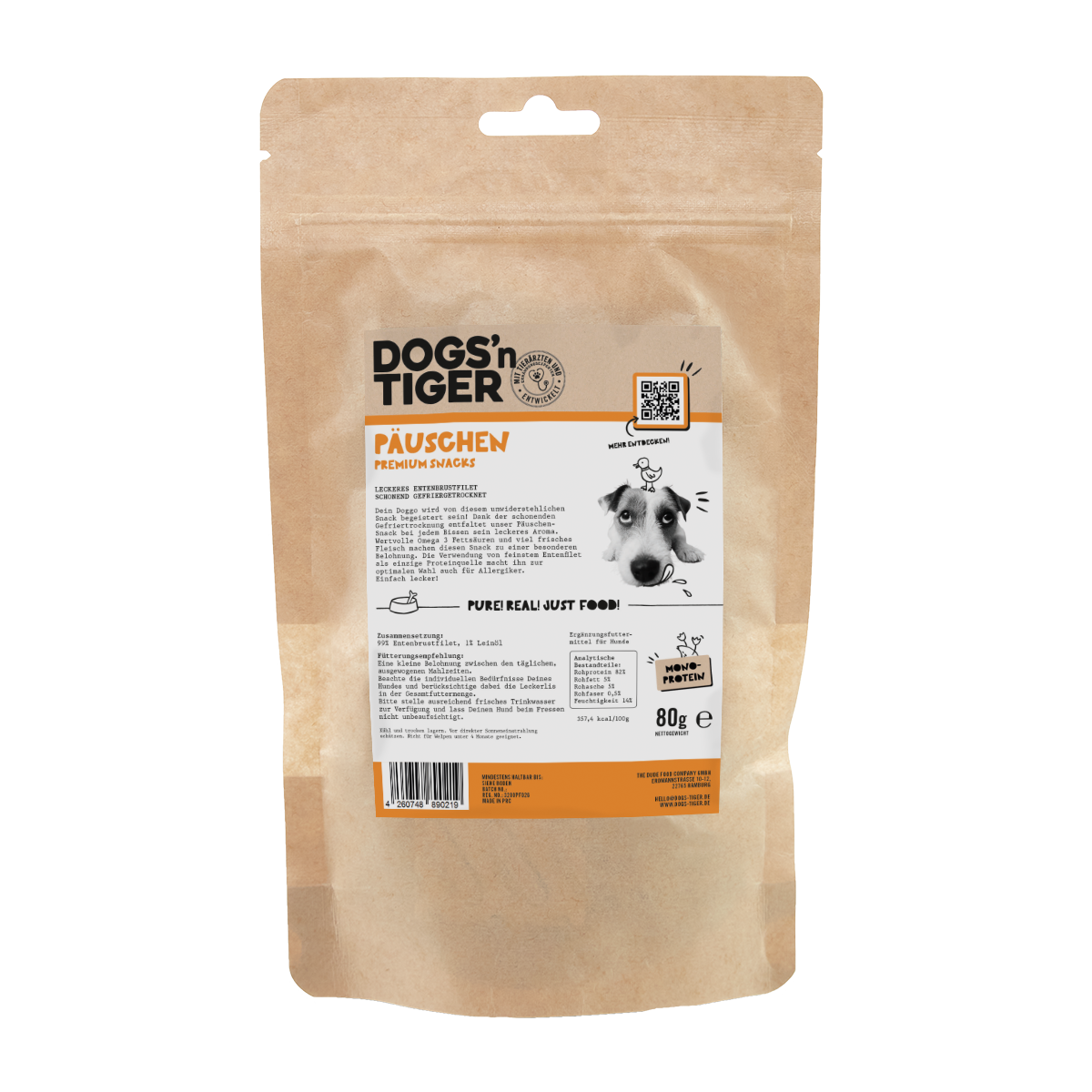 Dogs’n Tiger Adult, Hunde Snacks, Päuschen Ente, Leckerlies, 99% gefriergetrocknetes Entenbrustfilet