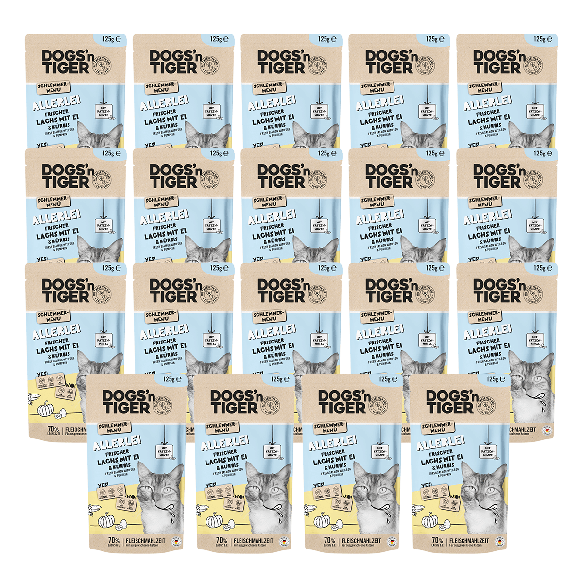 Dogs’n Tiger Adult Katzenfutter, Allerlei, Nassfutter für Katzen, Getreidefrei, Lachs mit Ei & Kürbis