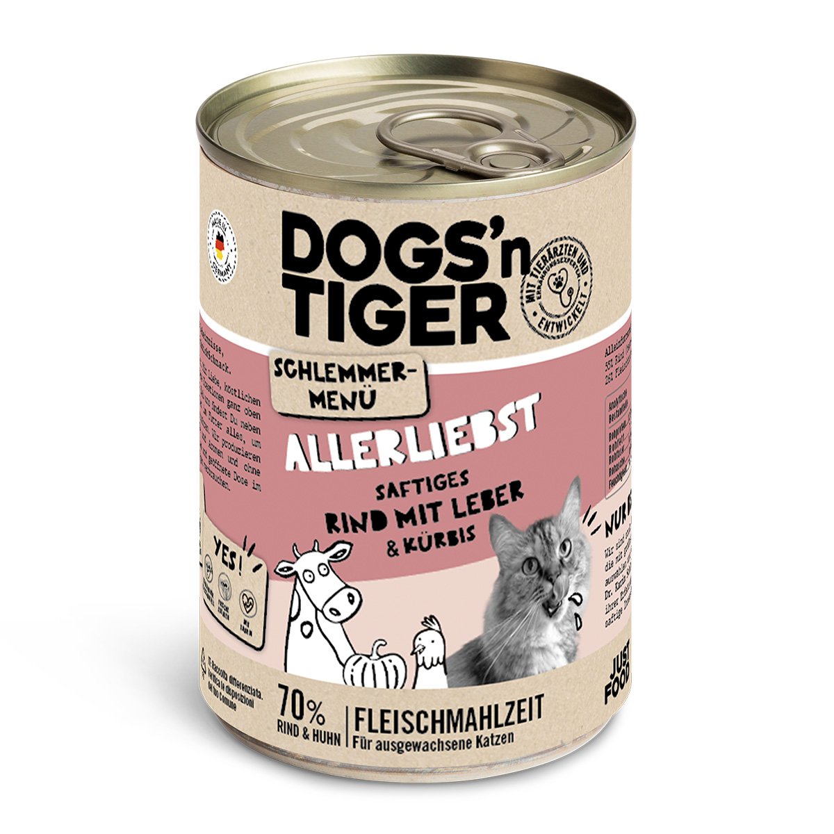 Dogs’n Tiger Adult Katzenfutter, Allerliebst, Nassfutter, Getreidefrei, Rind, Hühnerleber & Kürbis