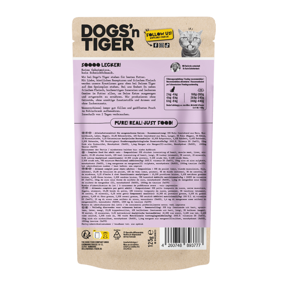 Dogs’n Tiger Adult Katzenfutter, Klimbim, Nassfutter für Katzen, Getreidefrei, Geflügel, Kalb mit Karotte