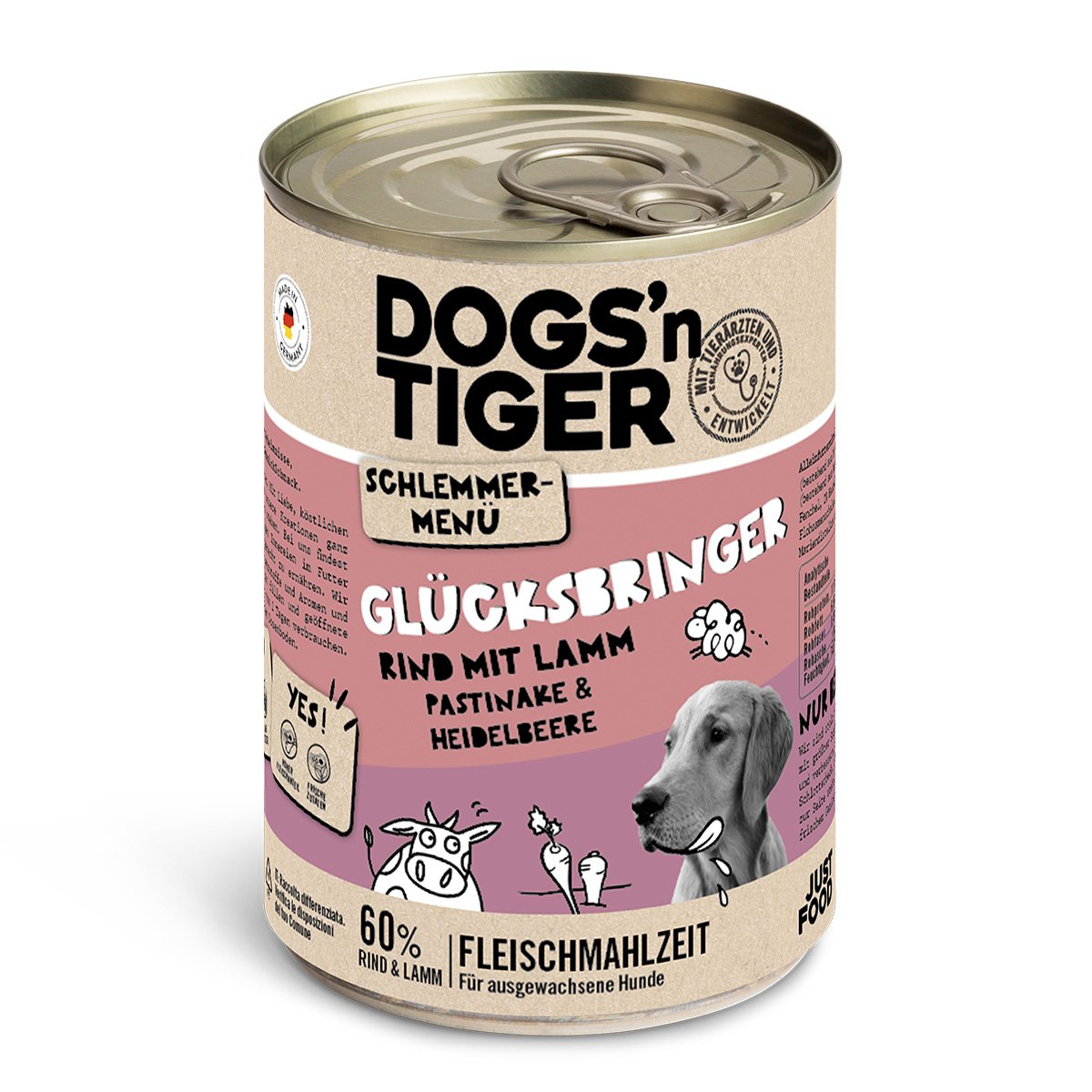 Dogs’n Tiger Adult Hundefutter, Glücksbringer, Nassfutter, Getreidefrei, Rind, Lamm, Pastinake & Heidelbeeren