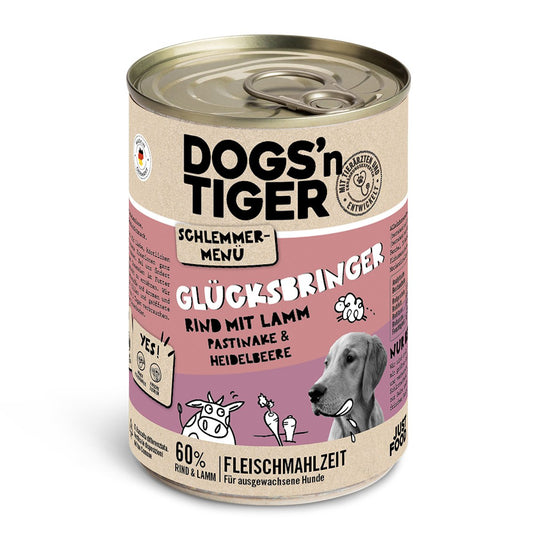 Dogs’n Tiger Adult Hundefutter, Glücksbringer, Nassfutter, Getreidefrei, Rind, Lamm, Pastinake & Heidelbeeren