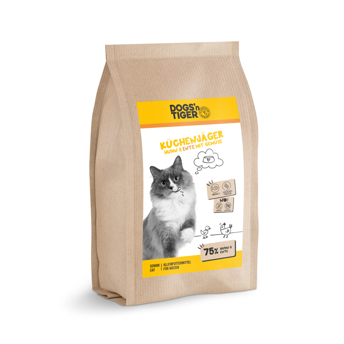 Dogs’n Tiger Adult, Senior Premium Katzenfutter, Trockenfutter, Getreidefrei, Küchenjäger, Huhn & Ente