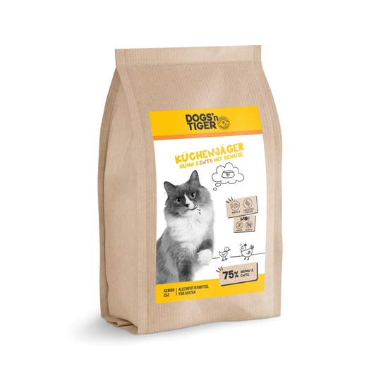 Dogs’n Tiger Adult, Senior Premium Katzenfutter, Trockenfutter, Getreidefrei, Küchenjäger, Huhn & Ente