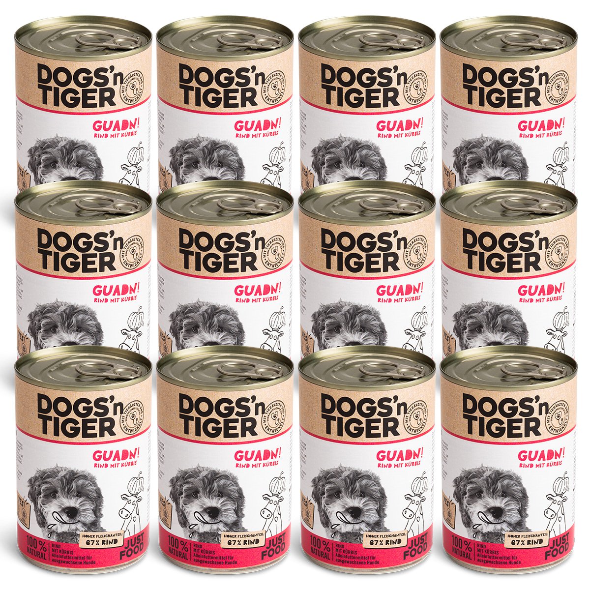 Dogs’n Tiger Adult Premium Hundefutter, Nassfutter, Getreidefrei, Guadn, Rind & Kürbis
