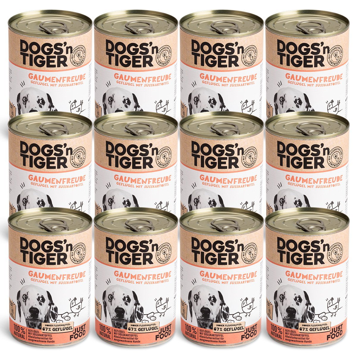 Dogs’n Tiger Adult Premium Hundefutter, Nassfutter, Getreidefrei, Gaumenfreude, Geflügel & Süßkartoffel