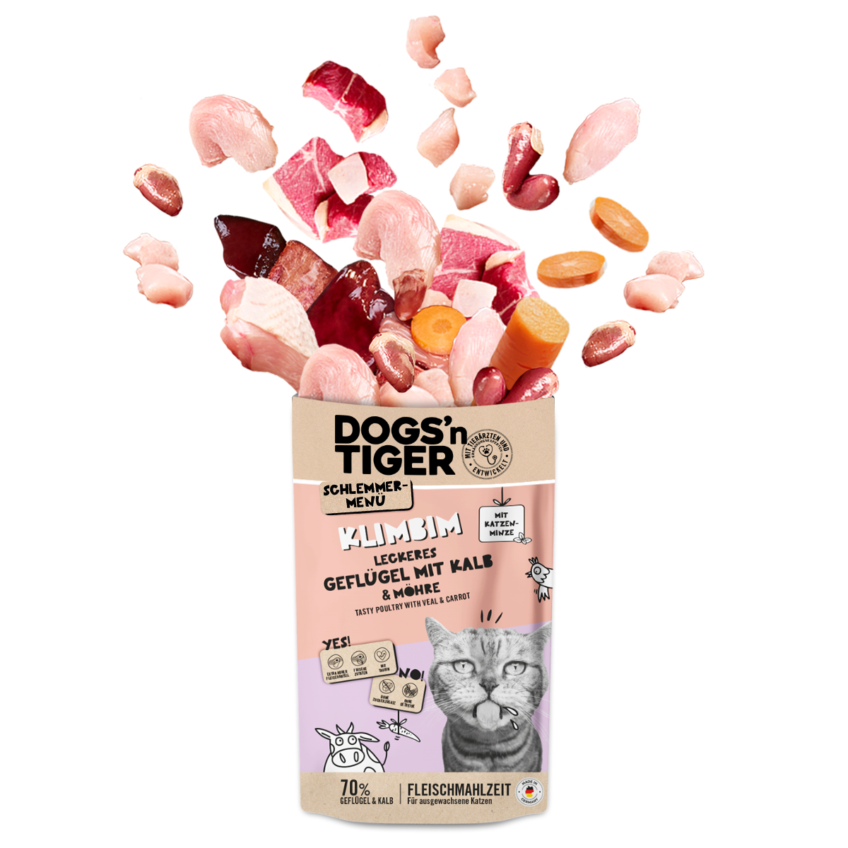 Dogs’n Tiger Adult Katzenfutter, Klimbim, Nassfutter für Katzen, Getreidefrei, Geflügel, Kalb mit Karotte