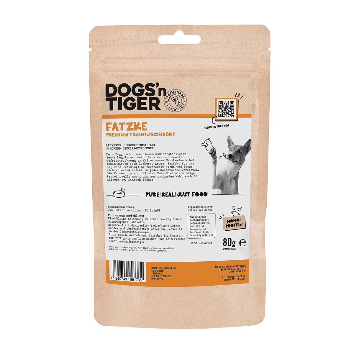 Dogs’n Tiger Adult, Hunde Snacks, Fatzke, Leckerlies, 99% gefriergetrocknetes Entenbrustfilet