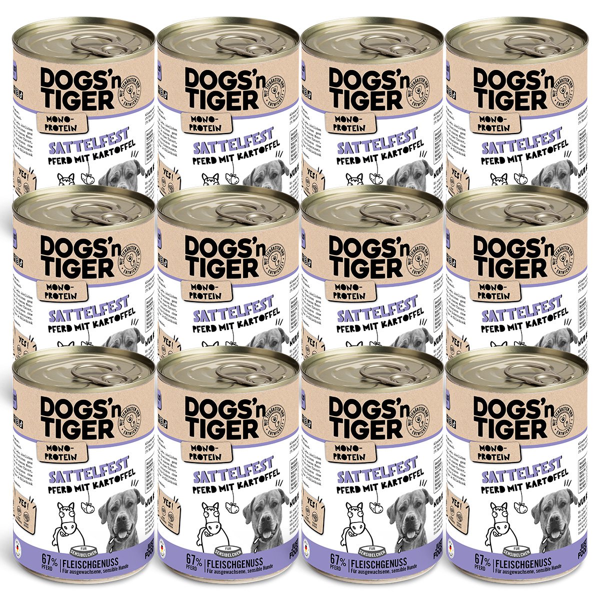 Dogs’n Tiger Adult Hundefutter, Nassfutter, Sattelfest, Getreidefrei, hypoallergen, Monoprotein, Pferd & Kartoffel