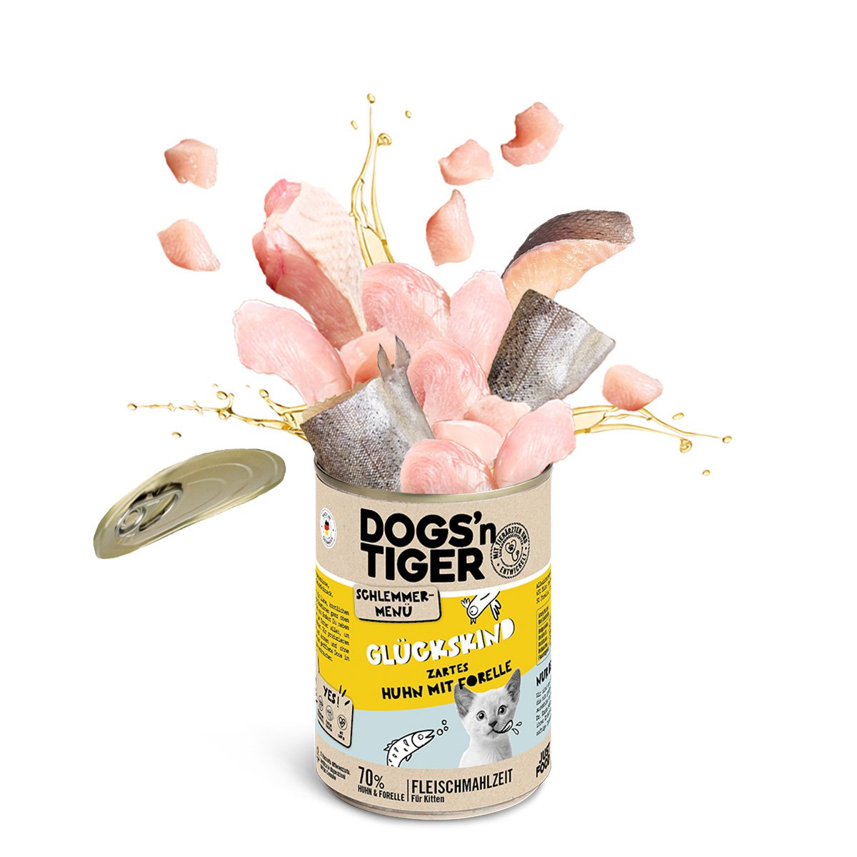 Dogs’n Tiger Junior, Kitten, Nassfutter, Katzenfutter, Getreidefrei, Glückskind, Huhn & Forelle