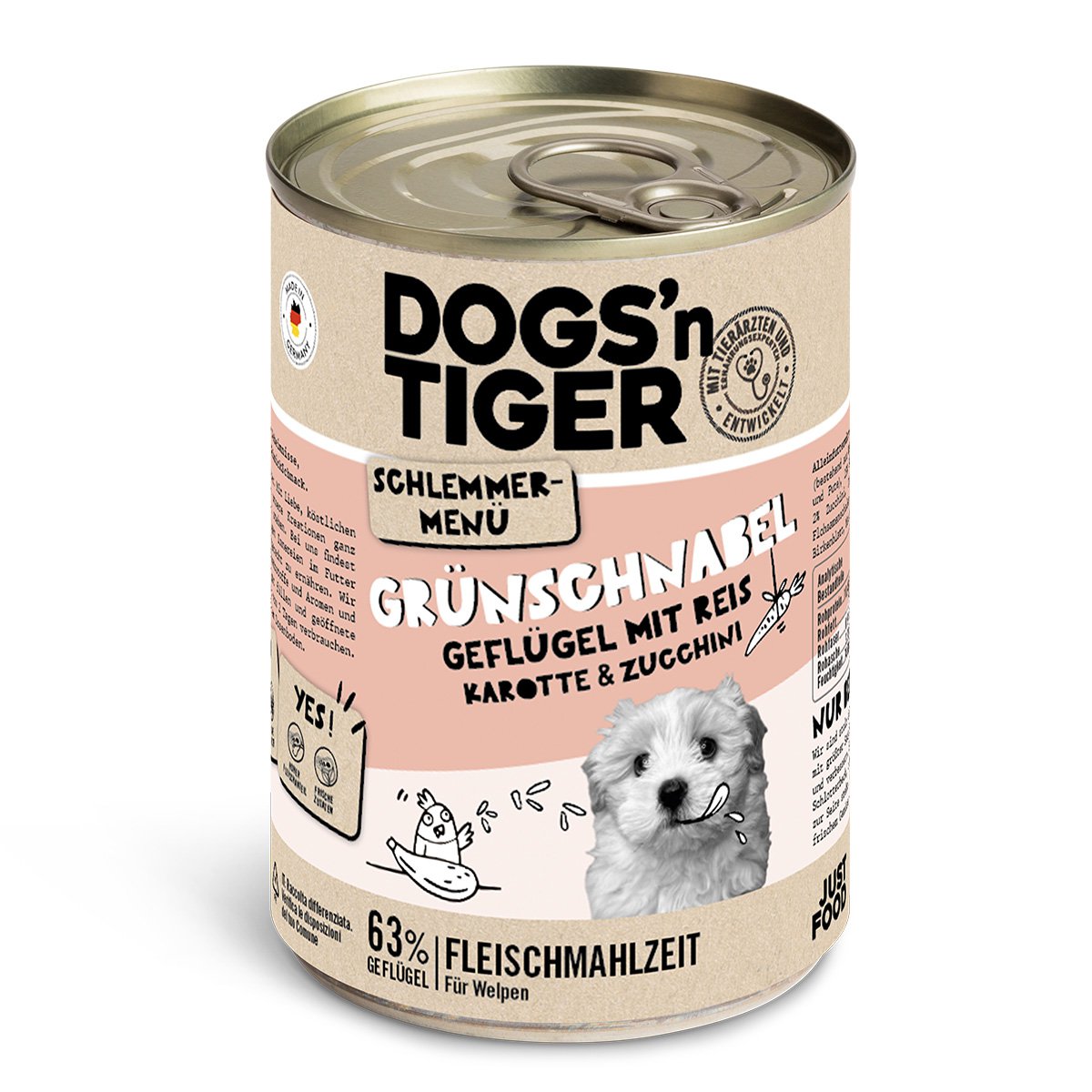 Dogs’n Tiger Junior, Hundefutter, Grünschnabel, Hunde Nassfutter, Welpen Futter, Geflügel, Getreidefrei, Naturreis, Karotte & Zucchini