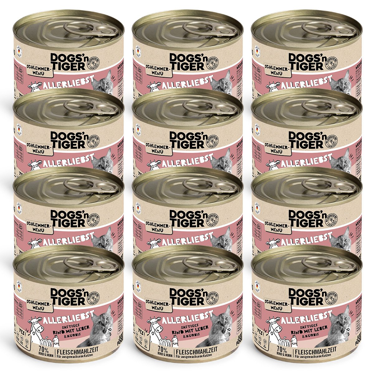 Dogs’n Tiger Adult Katzenfutter, Allerliebst, Nassfutter, Getreidefrei, Rind, Hühnerleber & Kürbis