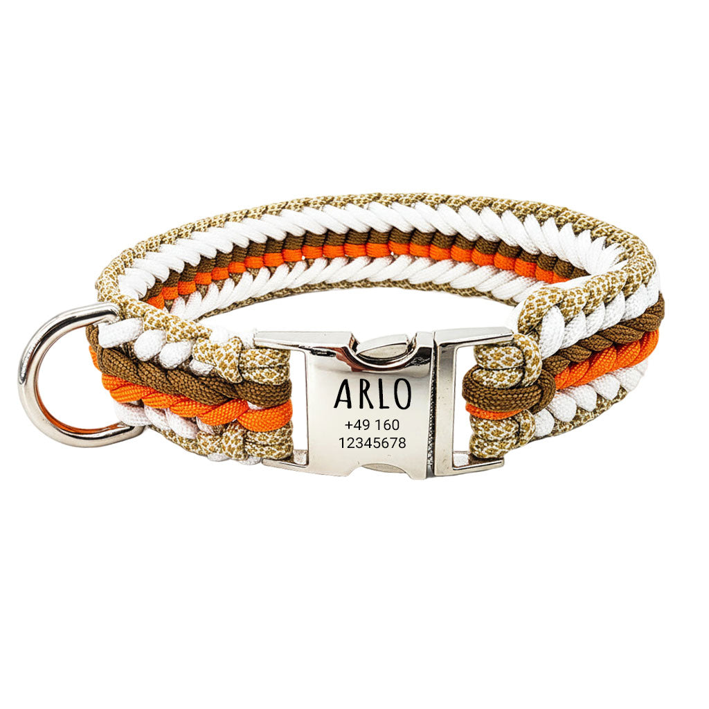 Arlo – Handgefertigtes Paracord Hundehalsband mit Gravur | Orange-Braun-Weiß-Beige