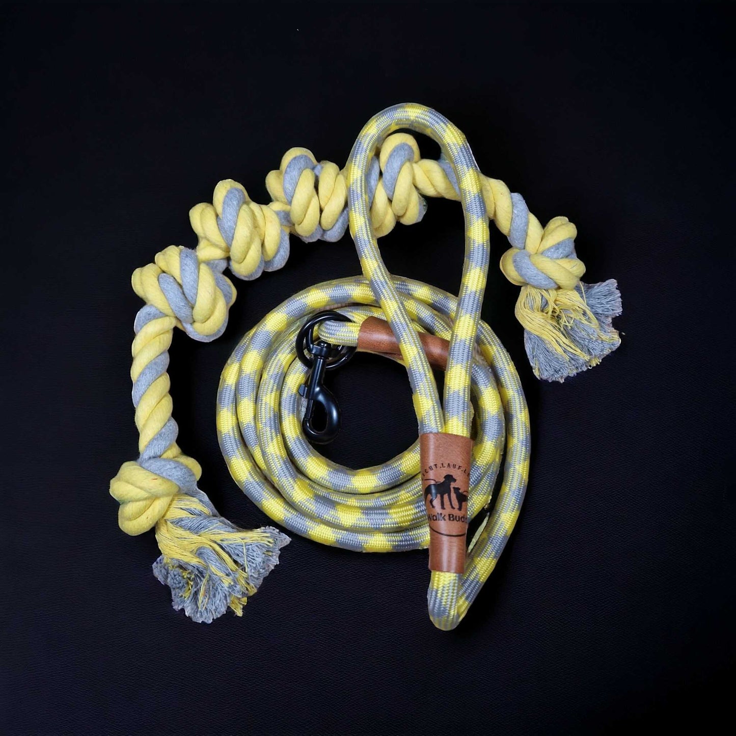 Hundeleine grau gelb Angebot mit gratis Tauseil zum spielen und zerren