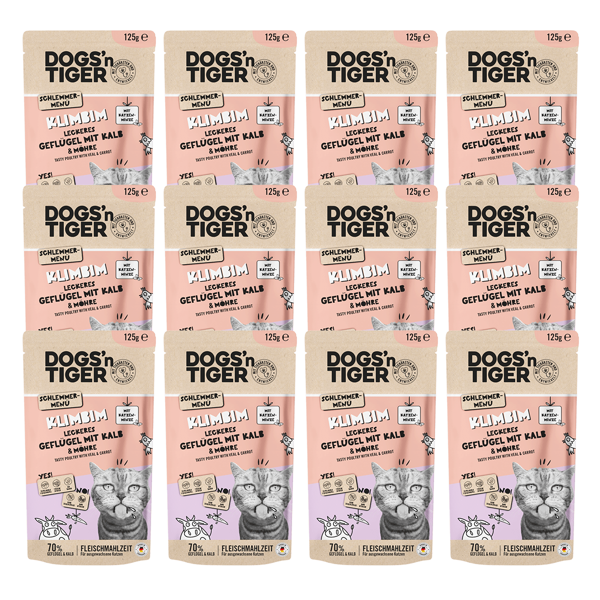 Dogs’n Tiger Adult Katzenfutter, Klimbim, Nassfutter für Katzen, Getreidefrei, Geflügel, Kalb mit Karotte