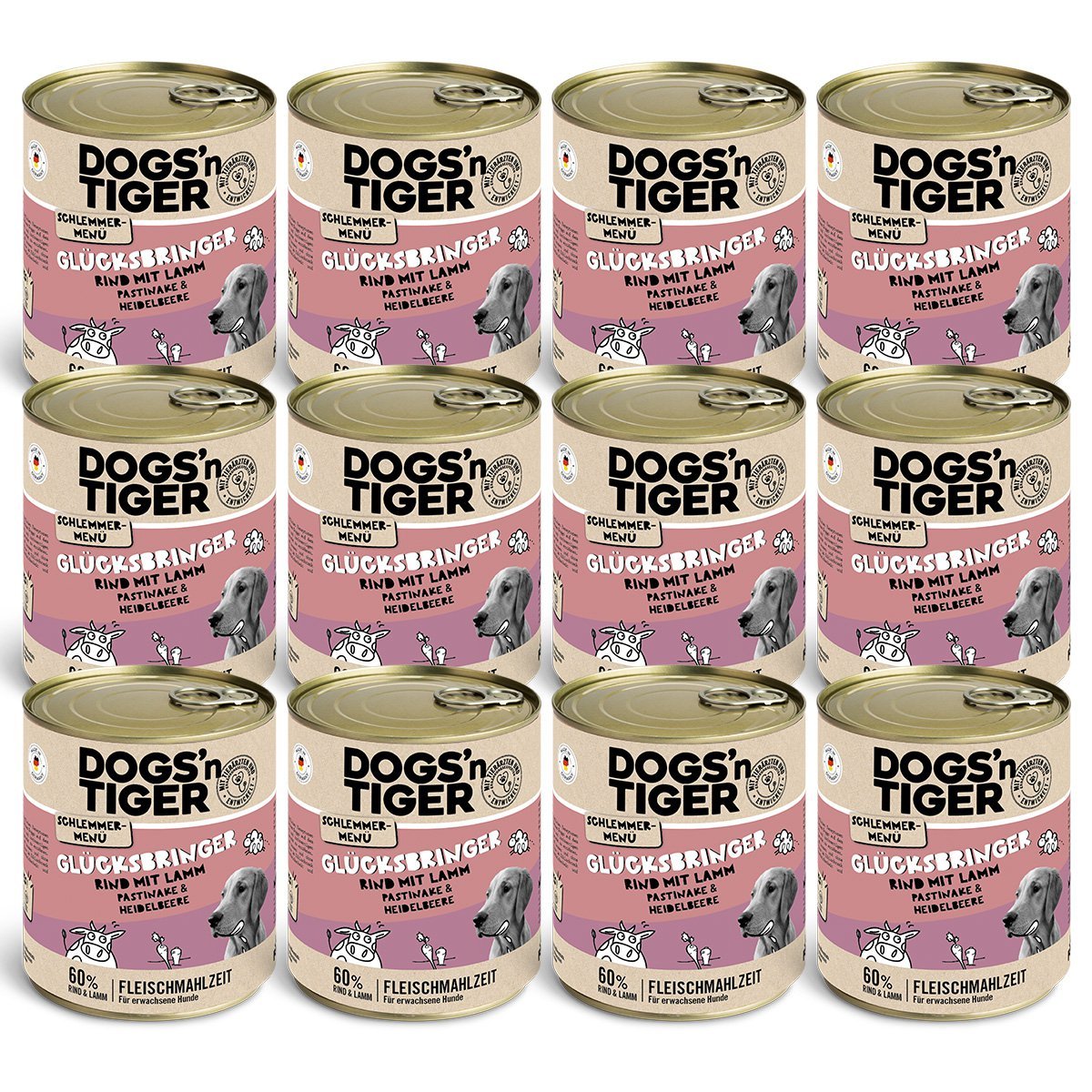 Dogs’n Tiger Adult Hundefutter, Glücksbringer, Nassfutter, Getreidefrei, Rind, Lamm, Pastinake & Heidelbeeren