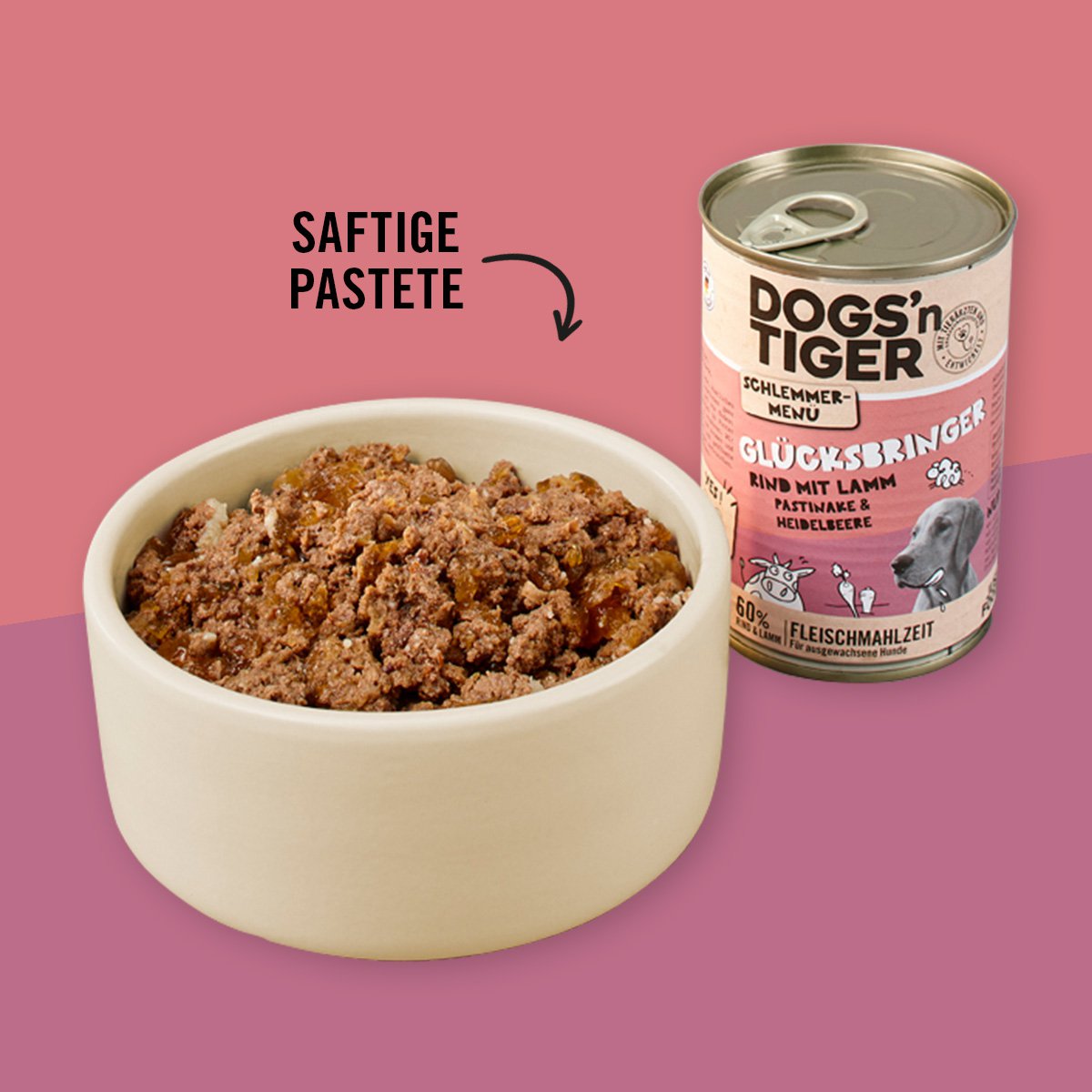 Dogs’n Tiger Adult Hundefutter, Glücksbringer, Nassfutter, Getreidefrei, Rind, Lamm, Pastinake & Heidelbeeren