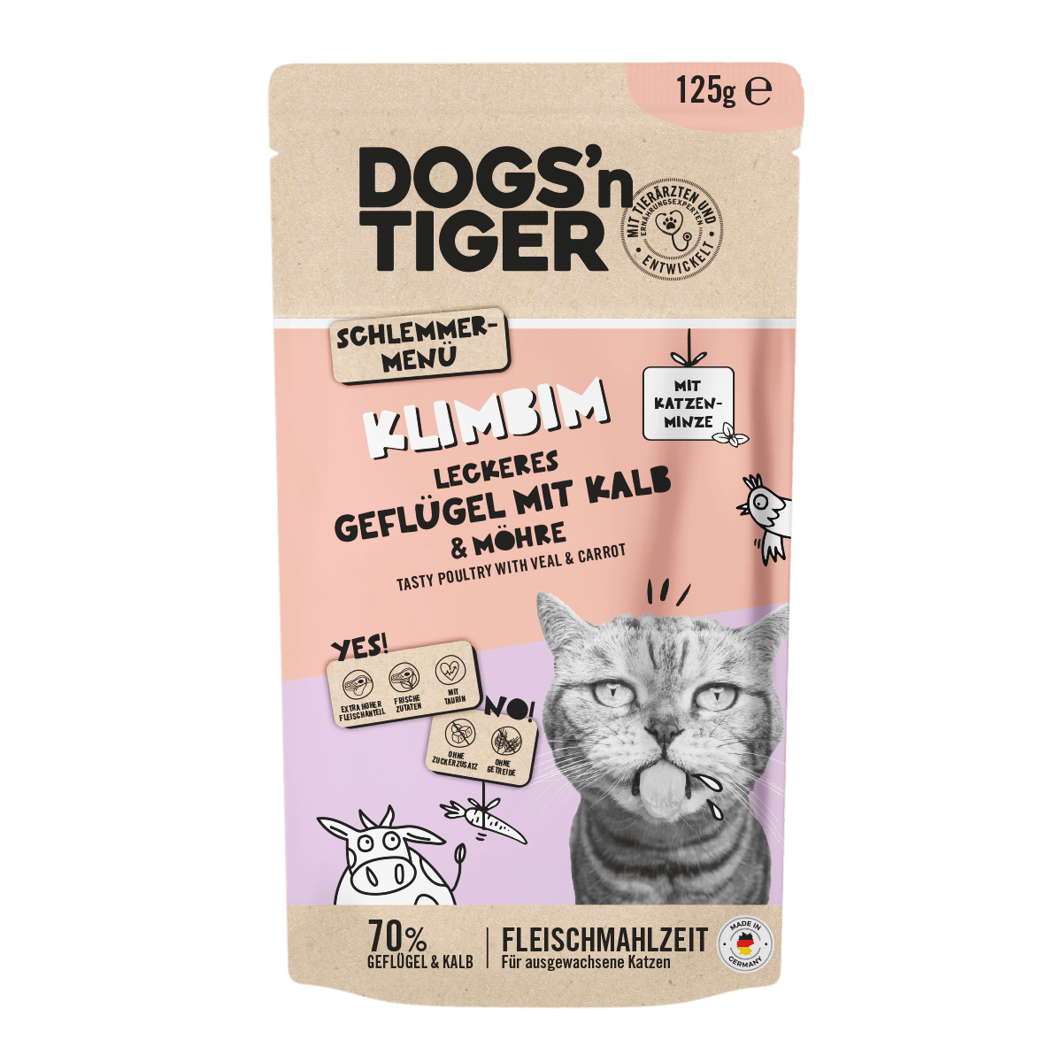 Dogs’n Tiger Adult Katzenfutter, Klimbim, Nassfutter für Katzen, Getreidefrei, Geflügel, Kalb mit Karotte