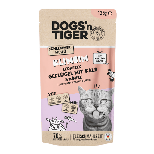 Dogs’n Tiger Adult Katzenfutter, Klimbim, Nassfutter für Katzen, Getreidefrei, Geflügel, Kalb mit Karotte