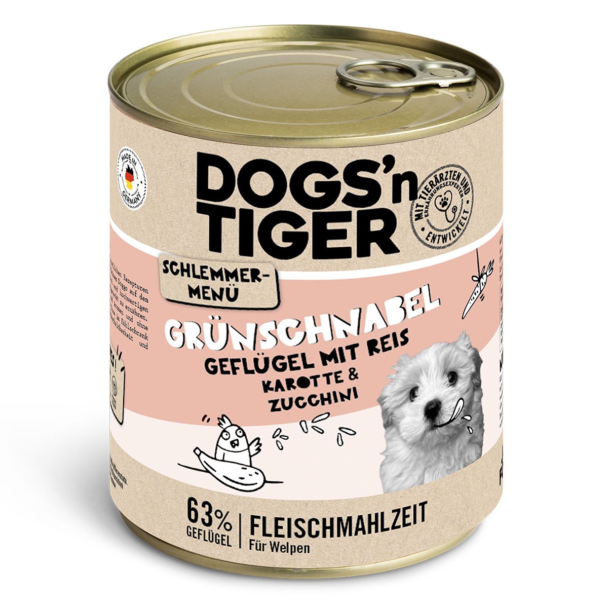 Dogs’n Tiger Junior, Hundefutter, Grünschnabel, Hunde Nassfutter, Welpen Futter, Geflügel, Getreidefrei, Naturreis, Karotte & Zucchini