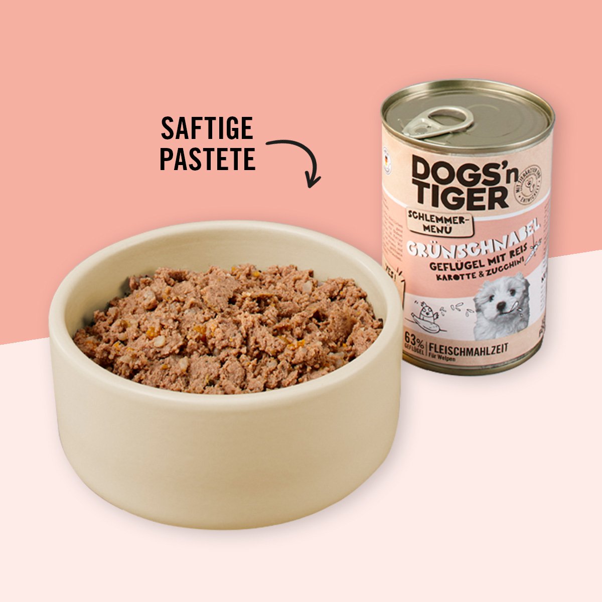 Dogs’n Tiger Junior, Hundefutter, Grünschnabel, Hunde Nassfutter, Welpen Futter, Geflügel, Getreidefrei, Naturreis, Karotte & Zucchini