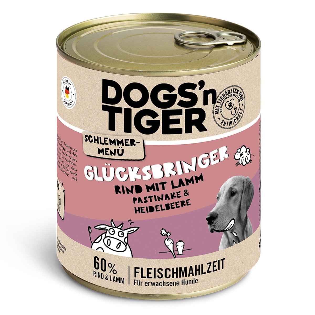 Dogs’n Tiger Adult Hundefutter, Glücksbringer, Nassfutter, Getreidefrei, Rind, Lamm, Pastinake & Heidelbeeren