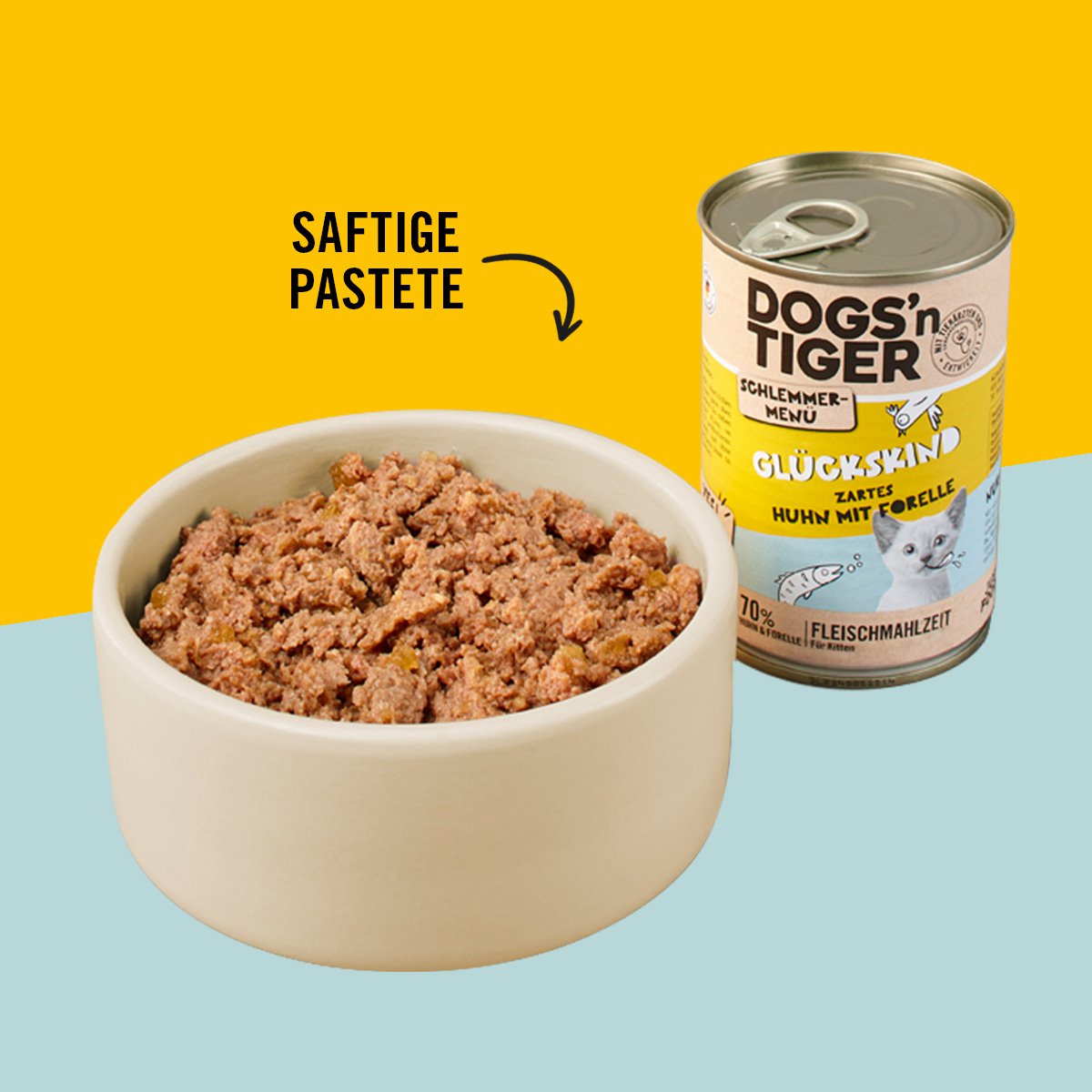 Dogs’n Tiger Junior, Kitten, Nassfutter, Katzenfutter, Getreidefrei, Glückskind, Huhn & Forelle