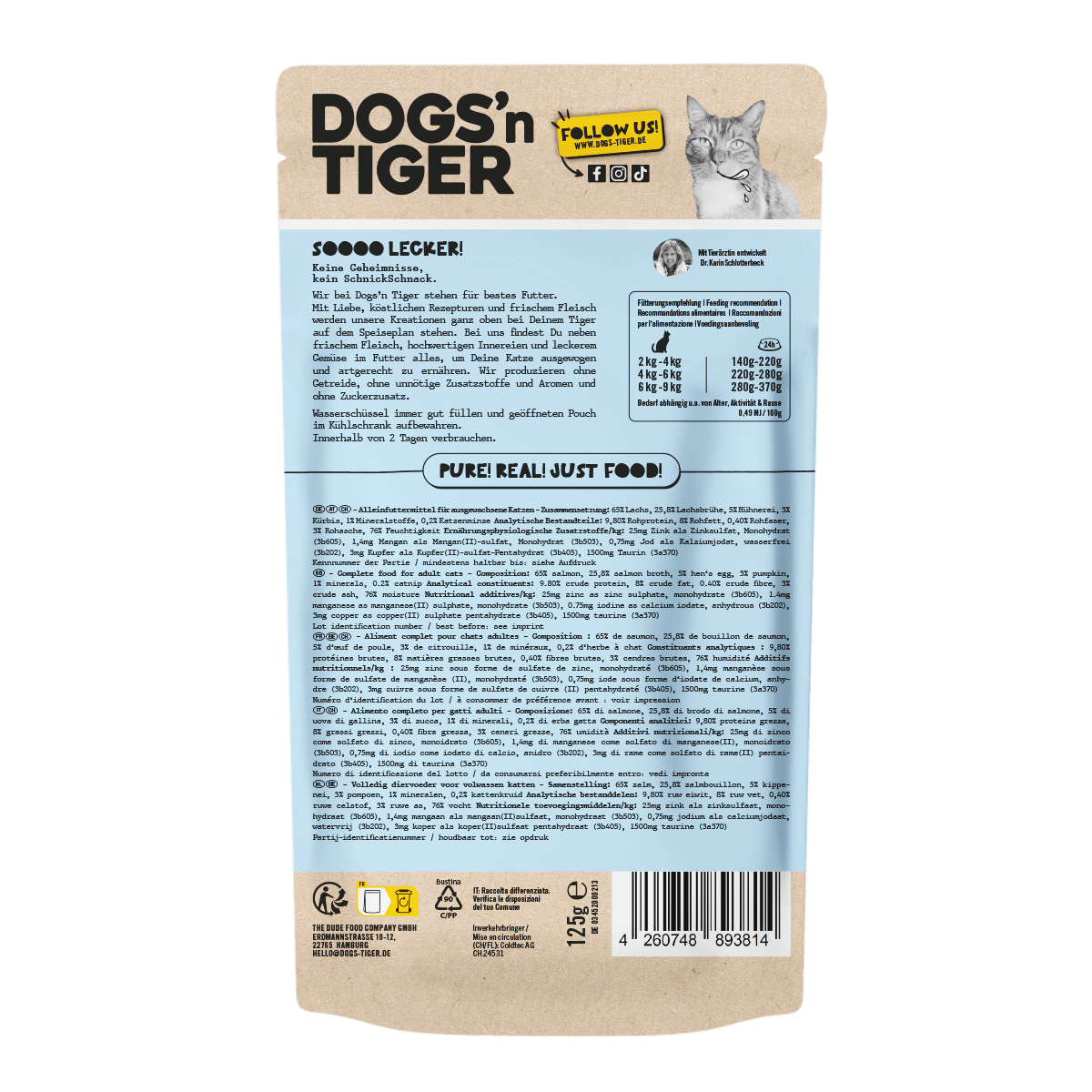 Dogs’n Tiger Adult Katzenfutter, Allerlei, Nassfutter für Katzen, Getreidefrei, Lachs mit Ei & Kürbis