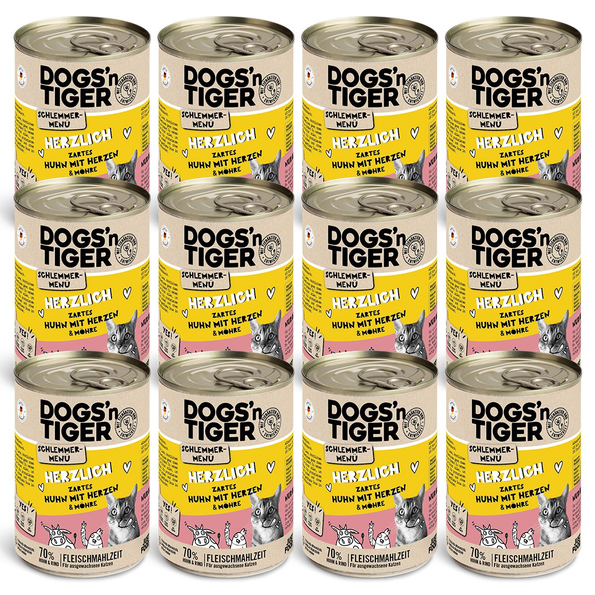 Dogs’n Tiger Adult, Katzenfutter, Herzlich, Katzen Nassfutter, Getreidefrei, Huhn, Rinderherzen & Karotte
