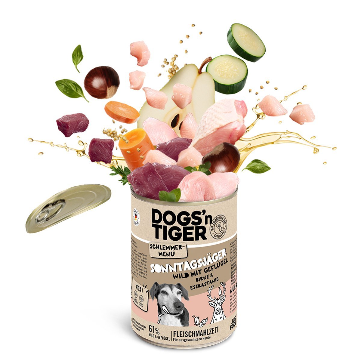 Dogs’n Tiger Adult Hundefutter, Sonntagsjäger, Hunde Nassfutter, Wild, Geflügel, Birne, Hirse & Karotte