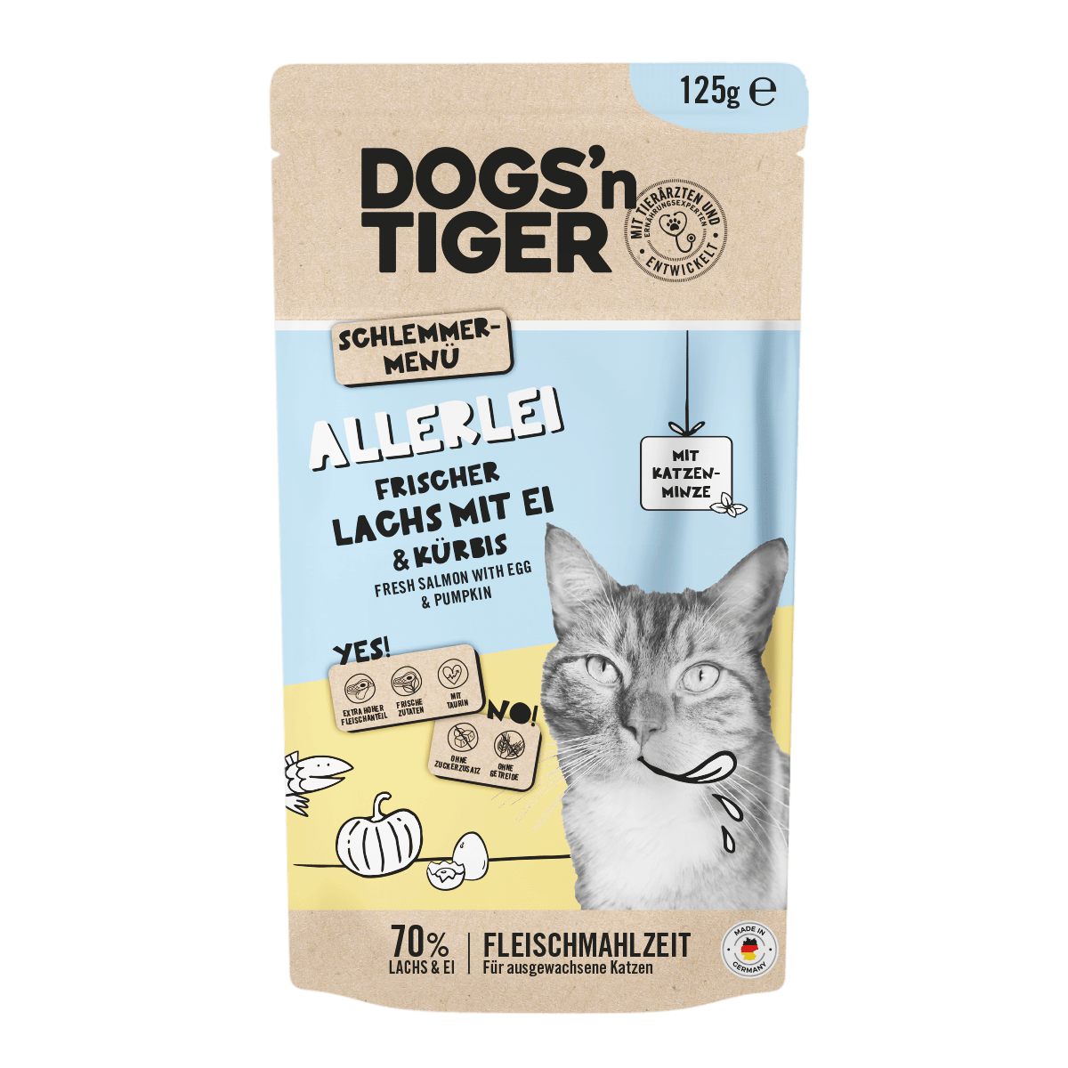 Dogs’n Tiger Adult Katzenfutter, Allerlei, Nassfutter für Katzen, Getreidefrei, Lachs mit Ei & Kürbis